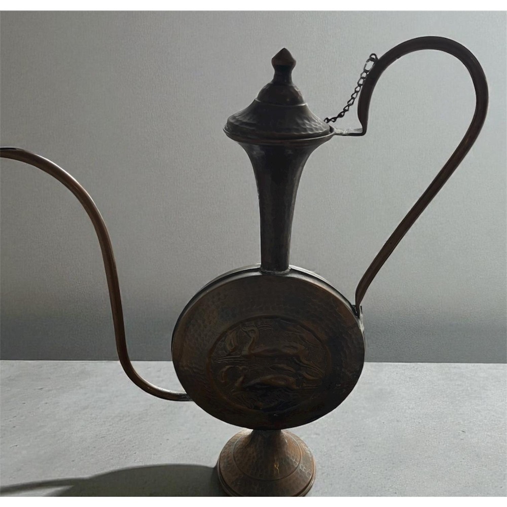 Vintage Copper Metal Water Pitcher Ewer‎ Embossed Figural Scene Spout Handle